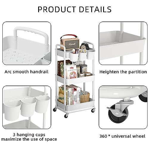 JIUYOTREE 3-Tier Rolling Storage Cart Utility Cart with Extra Hanging Cups Handles Lockable Wheels for Living Room Bathroom Kitchen Office White