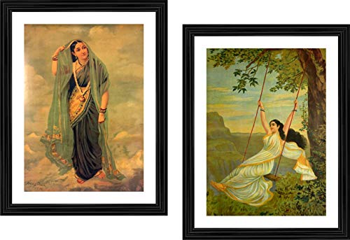 Image of Adventures� *Rambha and Mohini*- Two Paintings by Raja Ravi Varma, Set of 2 Wall D�cor Frames. Matt Satin Print with MDF & 1 inchPS Black Frame. Size 14 inchx18 inch each.