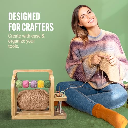 Image of Yarn Holder for Crochet Accessories - Durable Bamboo Wood Knitting Accessories Yarn Storage Organizer with Built-in Phone Stand - Tangle-Free Dual Rods and Tool Holder - Works with Skein, Cake, Ball