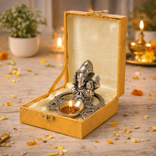 Image of CraftVatika Ganesha Idol with Diya Stand, Ganesha Diya with Gift Box, Home Decoration Items, Festival Return Gift for Woman Diwali Wedding Anniversary Event Housewarming Gifts for Ladies Guest, Family