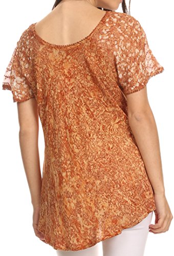 Image of Sakkas Ash Speckled Tiedye Embroidered Cap Sleeve Blouse Top with Embroidery Hems