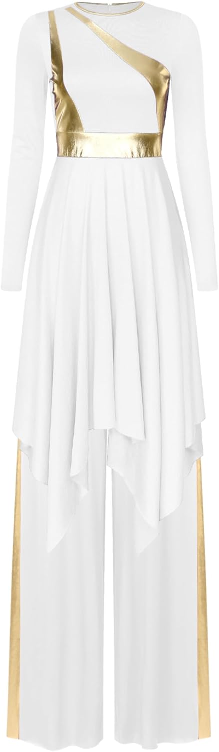 JEYPINMI Women's Liturgical Lyrical Dance Costume Gold Color Block Worship Praise Dance Dress with Baggy Pants