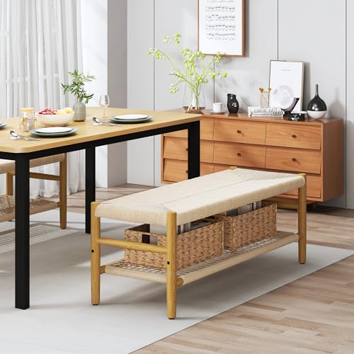 Recaceik-Indoor-Entryway-Bench-with-Paper-Cord-Ottoman-Grid-Storage-Rack-and-2-Baskets-Mid-Century-Long-Bench-with-Rubber-Wood-Legs-French-Vanity-End-Bed-Bench-for-Bedroom-Living-Room-Channel Recaceik Indoor Entryway Bench with Paper Cord Ottoman Grid Storage Rack and 2 Baskets Mid Century Long Bench with Rubber Wood Legs French Vanity End Bed Bench for Bedroom Living Room Channel