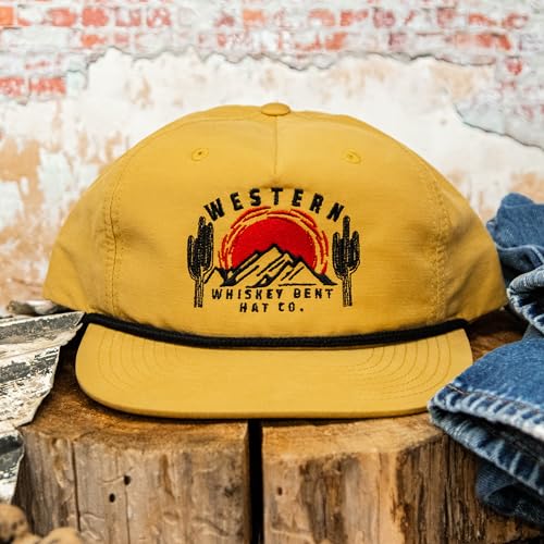Image of WHISKEY BENT HAT CO. Western Sunset Landscape Adjustable Snapback Hat UPF 50+, Water Resistant, Roped Snapback Cap, Baseball Cap for Men (US, Alpha, One Size, Burnt Yellow)