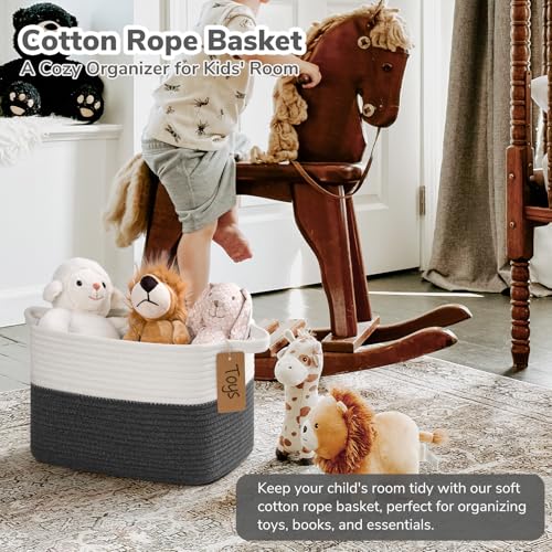 Image of Goodpick Woven Rope Storage Basket for Shelves, Rectangle, Dark Gray | 13 inch x 10 inch x 9 inch Stylish Gift Basket for Home Decor, Cotton Rope Baskets for Baby Toys, Books & Towels Storage, Writable Label