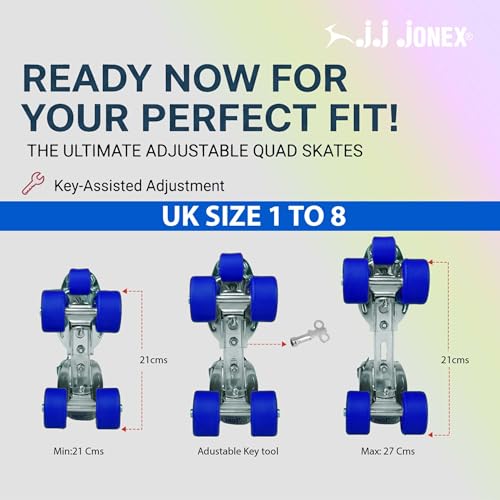 Image of Jonex Unisex Gypsy Roller Adjustable Quad Roller Skates for Youth and Adult (7-18 Years), Indoor Outdoor Wheels, Metal Body, 57 mm Wheels, Color - Blue