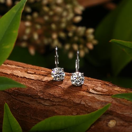 Moissanite Earrings : 18K White Gold Plated Soild Sterling Silver Dangle Earrings Hypoallergenic Leverback Drop Earrings for Women Men Round Cut D Color3