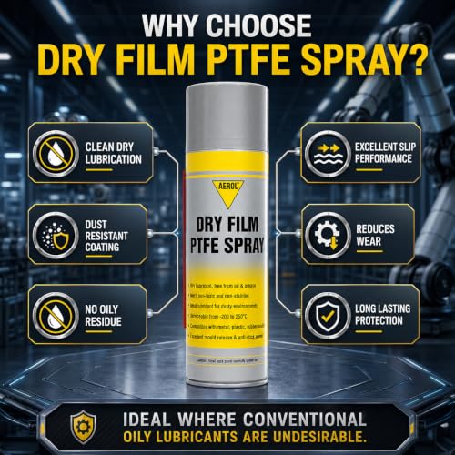 Image of Aerol Dry Film PTFE Spray, (300g /466ml), High Temp 250C Lubricant for Food Processing, Packaging & Bakery Machinery, Non-Toxic Mold Release Agent, White Odorless Film