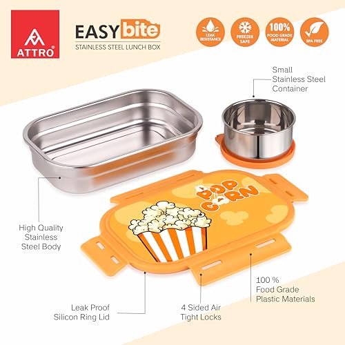 Image of ATTRO Easy Bite Stainless Steel Lunch Box with Inner Steel Body, Airtight 4-Side Lock Lid, Leakproof Silicone Seal, Small Container Office School Kids Tiffin Box - 650ml+150ml-Popcorn Crunch Orange