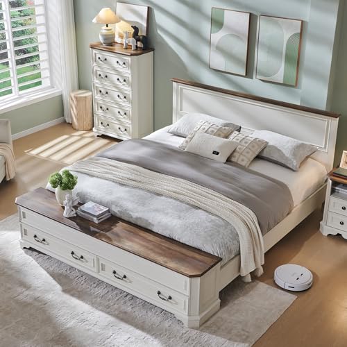 T4TREAM Farmhouse King Bed with Headboard and Storage Bench, Rustic...