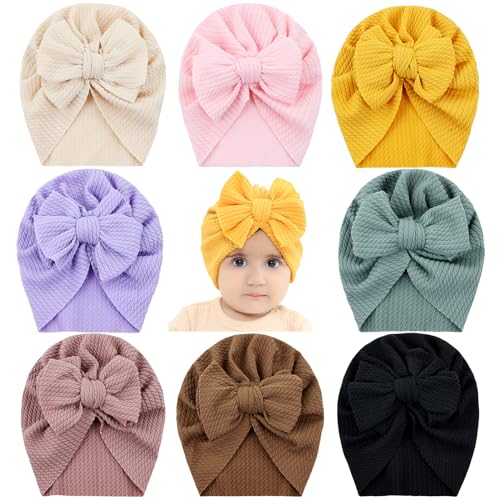 inSowni 8 Pieces Soft Stretchy Baby Turban Hats with Kontted Big Bow Newborn Nursery Hospital Caps Bonnets Beanies Headwraps for Baby Girls Boys Infants Toddlers