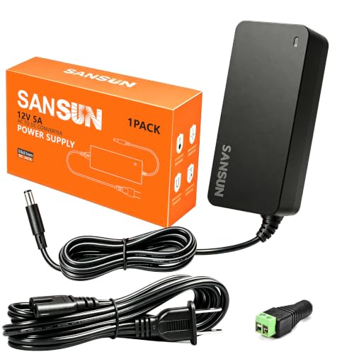 12V 5A Power Supply AC 120V to DC12V 5.5x2.1mm Jack Converter 12 Volt LED Driver 60W Adapter Transformer for Strip Lights Surveillance Cameras External HDD Monitor CCTV (Pack of 1)