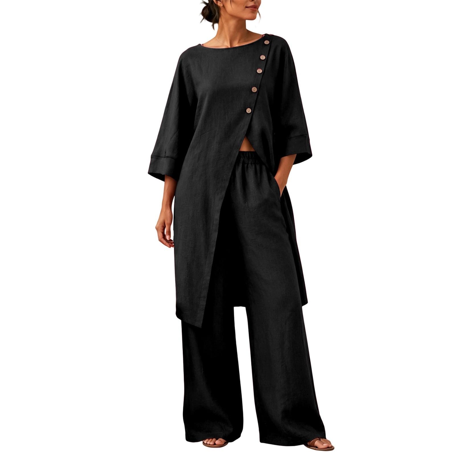 Completo Donna Estivo con Pantaloni Larghi, Abbigliamento Donna Estivo Taglie Forti Camicetta da Pantaloni Casual Irregolari