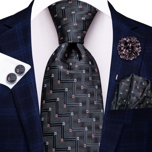 Image of Hi-Tie Men Silk Ties Set with Flower Lapel Pin Necktie Pocket Square Cufflinks for Tuxedo Wedding Business