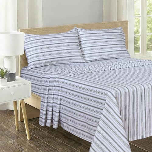 Image of Feather & Stitch Printed 500 TC Split King Size Sheet Set, 5 Piece Bed Sheets Set, 2 Twin Fitted Sheet, 1 King Flat Sheet & 2 King Pillowcases, 18 inch Deep Pockets Sateen Weave - Grey Stripe Print