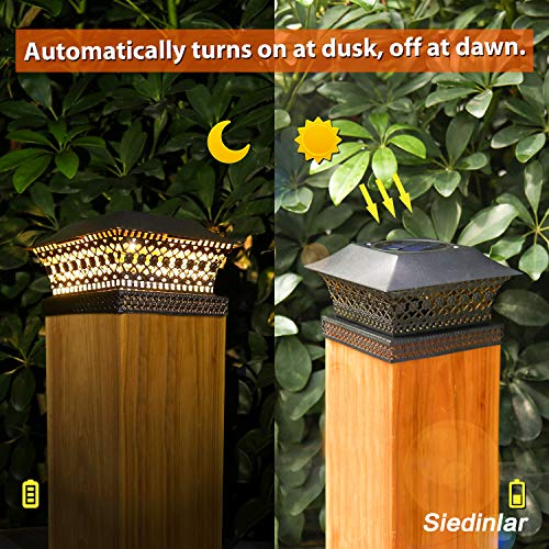 Siedinlar Solar Post Lights Outdoor Fence Deck Cap Light Solar Powered Metal Warm White LED Lighting Waterproof for Garden Patio Decoration 4x4 5x5 Wooden Posts Black (2 Pack)