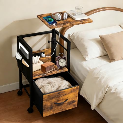 La Mejor Recopilación de Buro Madera al mejor precio. 42 CroSpin Buró para Recámara Giratorio 360° y Altura Ajustable, Mesita de Noche de Madera y Metal con Estación de Carga, Mesa Auxiliar con Cajón y Bolsa Lateral para Dormitorio,...