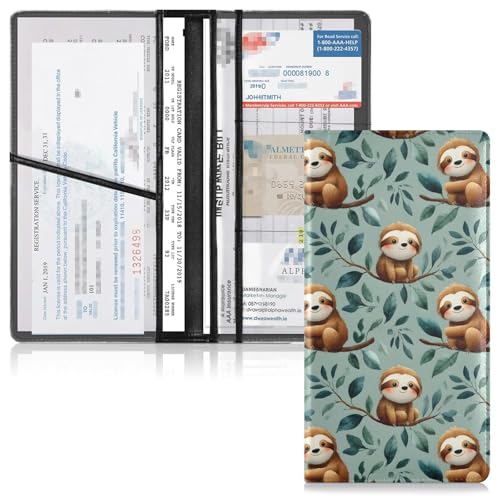 Car Registration and Insurance Holders Sloth Cute Leaves Print, PU Leather for License Documents Cards