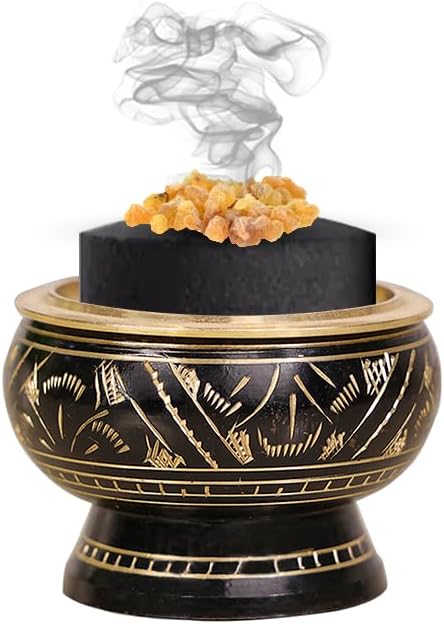 Brass Burner Used for Burning Incense/Charcoal/Sambrani Dhoop/with Wooden Coaster to Hold The Burner (Black)