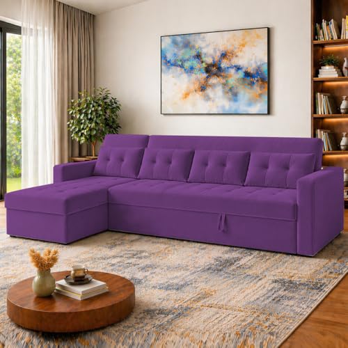 Image of Emilio 6 Seater LHS L - Shape Pull-Out Sofa Cum Bed Sofa for Living Room (Purple Fabric Color) Premium Fabric Sofa Set for Living Room Sofa Cum Bed
