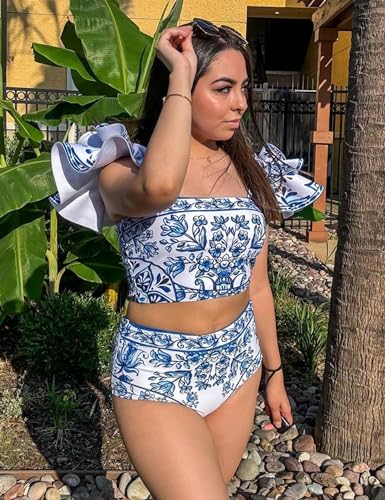 FLAXMAKER Ruffle Porcelain Pattern Majolica Print Back Elastic Band Bikini Swimsuit and Skirt/Sarong3