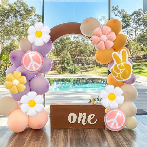 Image of Two Groovy Hippie Peace Sign Daisy Flower Wildflower Balloons Boho Theme Decor One Groovy Baby 5 Five Is a Vibe Birthday 70s Retro Peace Out Single Digits Young Wild And Three Party Decorations Girl