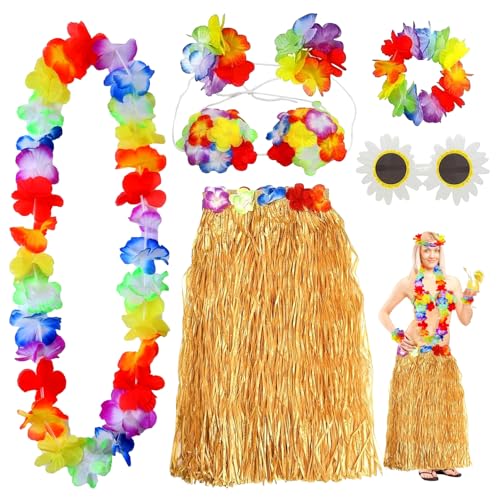 7 Pezzi Gonna Hawaiana Set, Hawaiian Hula Skirt Costume Accessorio Kit, Hawaiana Ghirlanda Collana Bracciale girasole Occhiali Fascia Fiore Reggiseno, per Hawaiian Decorazioni per Feste (Straw)
