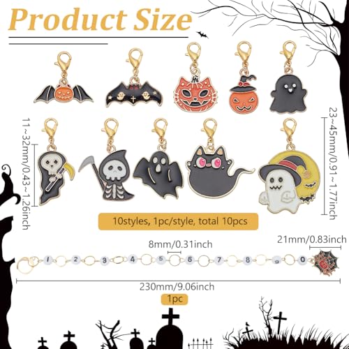 BENECREAT 11Pcs Halloween Theme Stitch Marker Charms, Golden Alloy Enamel Charm Locking Stitch Markers - Image 2