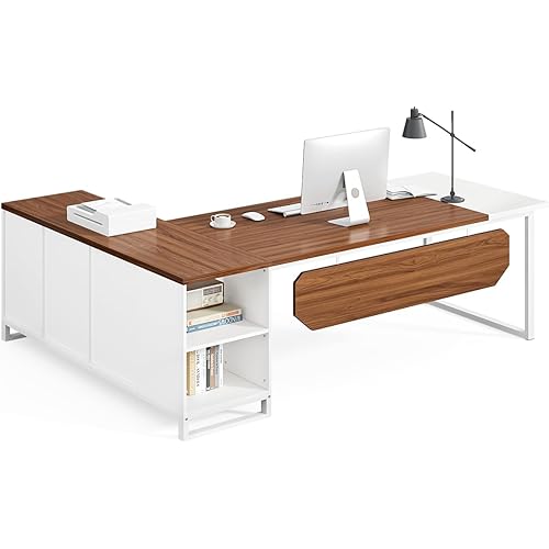 LITTLE TREE 70.8 Inches Executive Desk and 55 Inches File Cabinet Combo, Large L Shaped Computer Desk with Storage Cabinet and Shelves, Modern Business Furniture for Home Office, Walnut & White