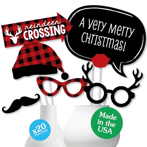 Big Dot of Happiness Prancing Plaid Holiday - Buffalo Plaid Christmas Photo Booth Props Kit - 20 Count