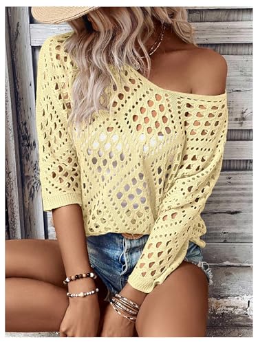 Image of Verdusa Women's Crochet Beach Summer Sweater 3 /4 Length Sleeve Boho Off The Shoulder Tops