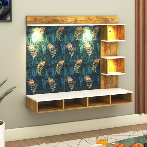 Image of Anikaa Kirina Engineered Wood Wall-Mount TV Unit with Printed PVC Back Panel & LED Lights | TV Cabinet with Storage Box & Decorative Shelves (Giantwood /White) for TVs up to 40 Inch | DIY Installation