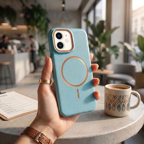 Image of amazon basics Luxury MagSafe Compatible Leather Texture Back Cover for iPhone 12 | Raised Camera Protection | Slim Fit Shockproof Case with Metallic Accents (Light Blue)