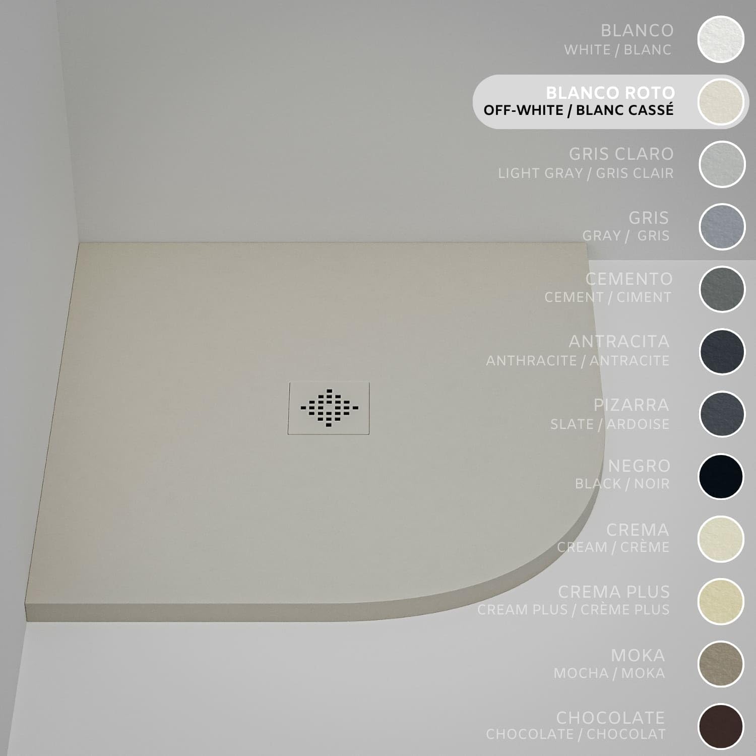 Soulhome Plato de Ducha Semicircular 70x70 Blanco Roto - Rejilla Color | Antideslizante C3, Extraplano, Resina y carga mineral, Textura Liso Piedra, Antibacteriano, Gel-coat, Incluye válvula desagüe