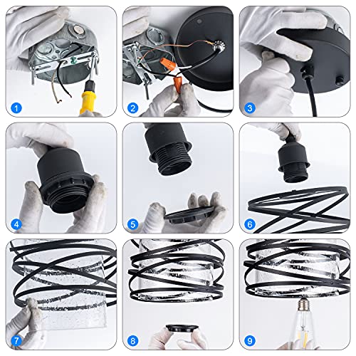 FISGONI Modern Mini Pendant Light Fixture Kitchen Island Pendant Lighting 6.30''Matte Black Spiral Cage Handblown Clear Seeded Glass Shade Hanging Lamp Adjustable Cord for Dining Room 1-Pack,E26 - Image 9