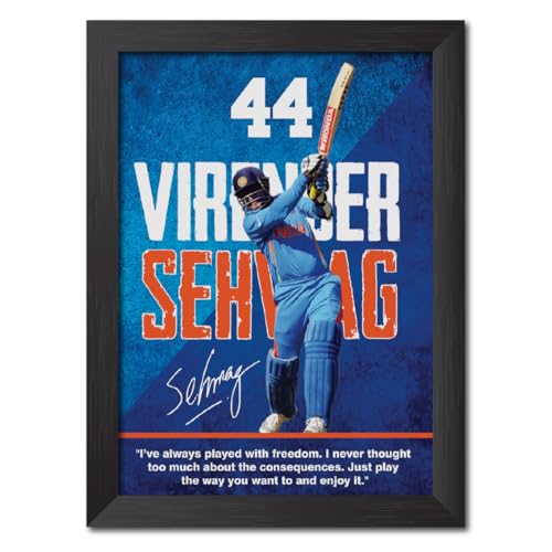Image of TenorArts Virender Sehwag Poster with Quotes Indian Legend Cricket Player Photo Frame Painting with Matt Finish Black Textures (12 inches x 9inches)