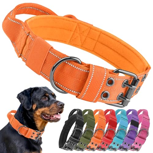 Tactical Dog Collar with Control Handle Military Adjustable Pet Collar Reflective Heavy Metal Buckle Dog Collar Soft Nylon Training Collar for Medium Large Dogs (Orange Large)