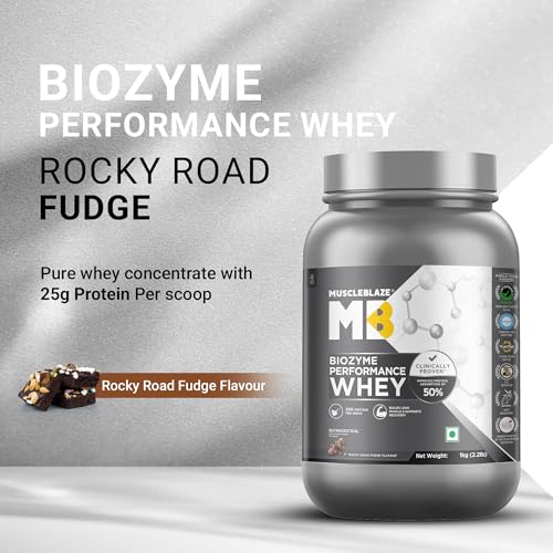 Image of MuscleBlaze Biozyme Performance Whey Protein Powder | Rocky Road Fudge (1kg / 2.2lbs) | 25g Protein Per Scoop | Clinically Tested 50% Higher Protein Absorption