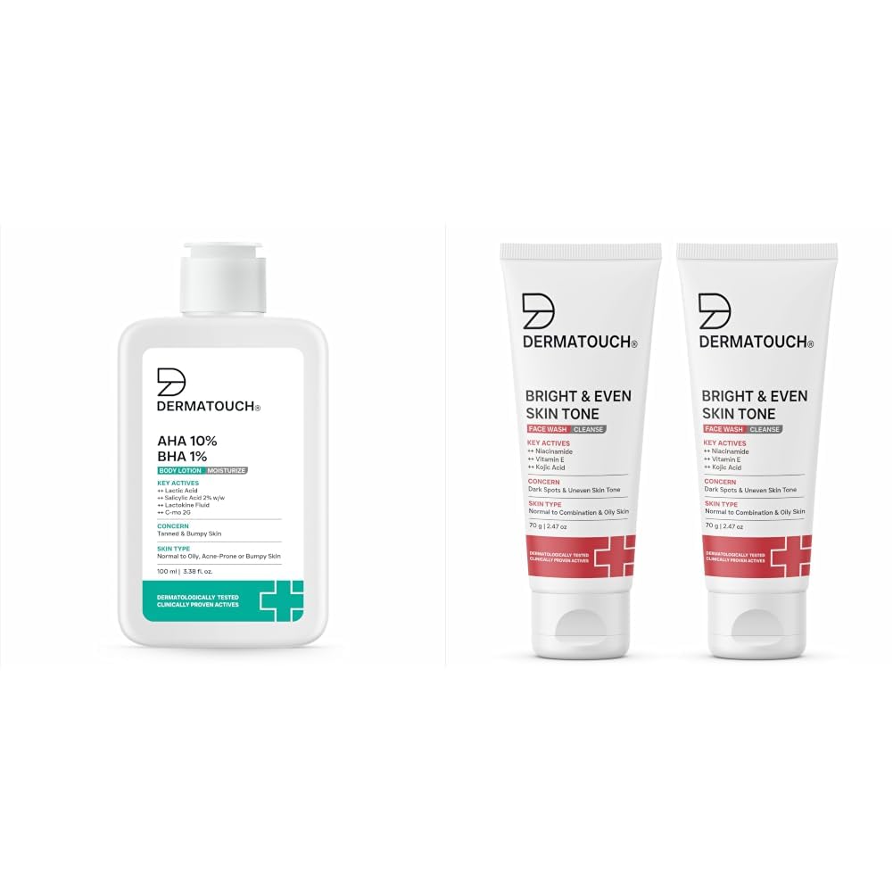 DERMATOUCH AHA 10% BHA 1% Body Lotion For Men and Women 100ml & Bright & Even Tone Face Wash with Niacinamide, Vitamin E and Kojic Acid 70g-image-42