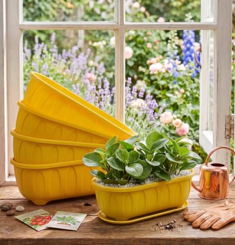 Image of Plastic Rectangle Round Corner Flower Pots with Drainage Hole Saucers Durable Outdoor Indoor Planters with Tray Plant Containers for Balcony, Garden, Home & Office (Yellow, 5)
