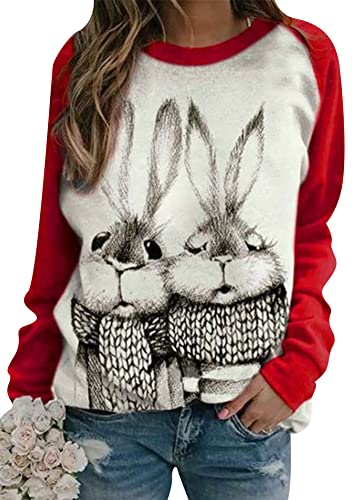 Image of Women's Easter Basic Sweatshirt Crew Neck Long Sleeve Sweatshirt Casual Loose Sweatshirt with Rabbit Print