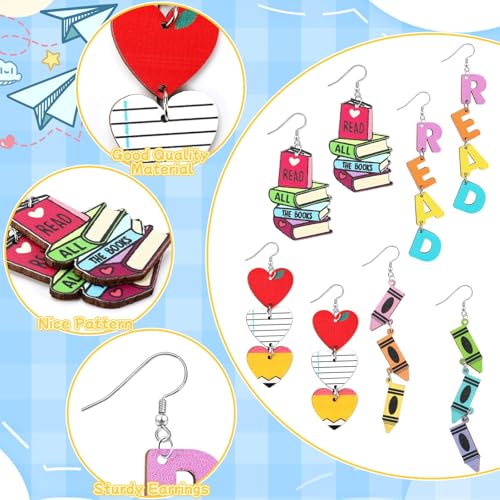 4 Pair Teacher Earrings for Women, Fun Pencil Book Reading Wooden Pendant Earrings Graduation Teacher's Day Gratitude Gift Back to School Jewelry2