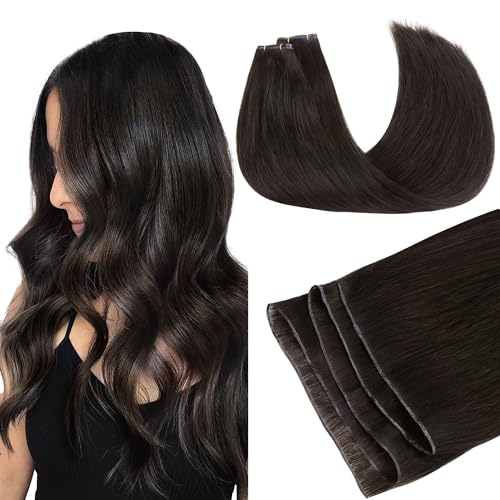GOO GOO Genius Weft Hair Extensions Human Hair, Sew In Weft Extensions, Seamless Blend & No Bulk Flat, Natural Volume for Women, #2 Dark Brown 14 Inch 100g
