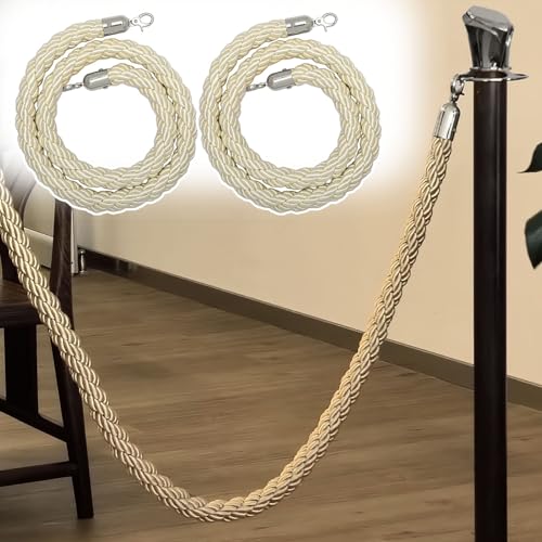 Postes de Barrera de Cuerda Beige (2 Unidades), Divisor de Cola Trenzado de 2,4 m con mosquetón, Cuerdas de Control de multitudes para Eventos, Fiestas, Ceremonias y Celebraciones (Gancho pl