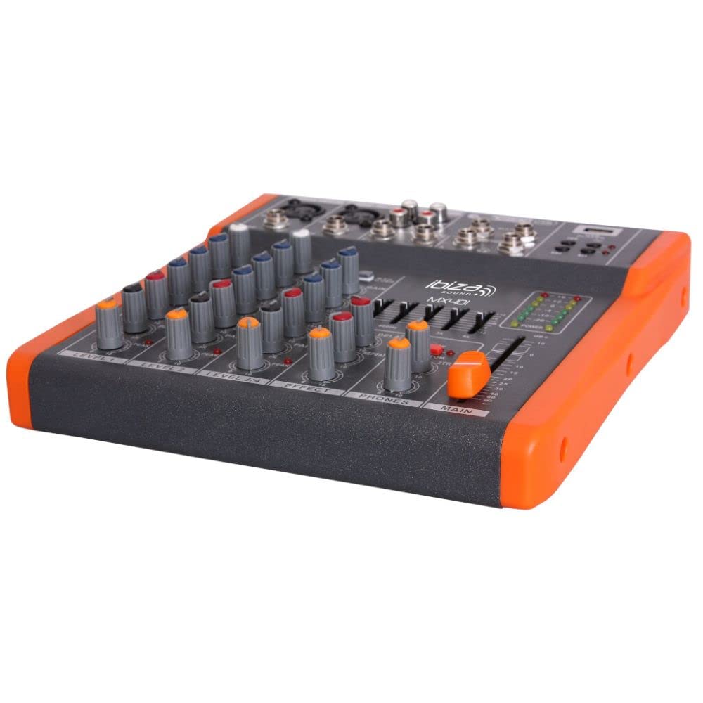 Ibiza - MX401 - Completo mezclador semiprofesional de 4 canales (ecualizador de 5 bandas) con entradas de micrófono y línea y salidas REC, RCA, auriculares y AUX - USB - Negro y naranja