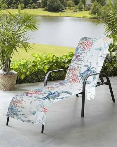Coastal Crab Beach Chair Towel Covers for Chaise Lounge with Side Pocket, Soft Plush Pool Towels Cover for Patio Sunbathing Outdoor Nautical Starfish Jellyfish Coral Ocean Seaweed 29''x85''