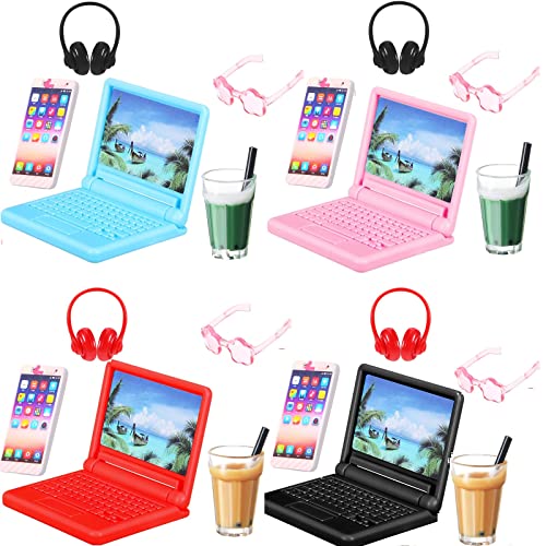 20 Pieces Dollhouse Accessories Doll Travel Accessories Mini Laptop Computer Phone Toy Miniature Glasses Headset Drink Toys Plastic Doll Accessories for Dolls (Classic Style)