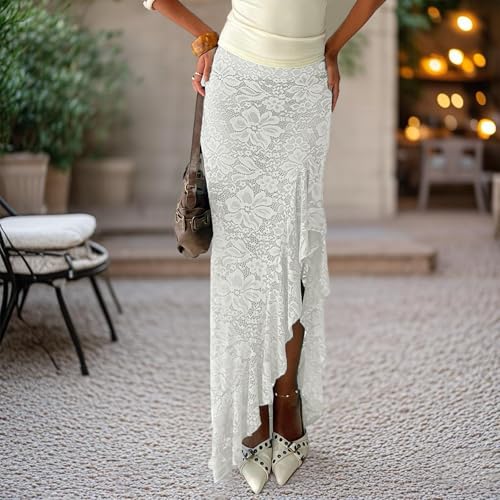 Women's Lace Long Skirts Sheer Lace High Waist Skirts Summer Fashion Irregular Ruffles Cover Up Bodycon Skirts4