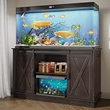 55-75 Gallon Fish Tank Stand with Power Outlets & LED Light, 75 Gallon Aquarium Stand with Cabinet Farmhouse Heavy Duty Aquarium Stand for Fish/Turtle/Reptile Tank-Brown 52" Lx 19.7" W x 31.4" H
