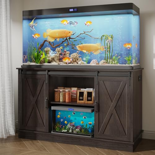 55-75 Gallon Fish Tank Stand with Power Outlets & LED Light, 75 Gallon Aquarium Stand with Cabinet Farmhouse Heavy Duty Aquarium Stand for Fish/Turtle/Reptile Tank-Brown 52" Lx 19.7" W x 31.4" H